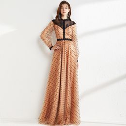 Robe de défilé femme col rond manches longues dentelle patchwork pois imprimé élégant maxi longueur de plancher fête bal