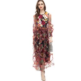 Runway-jurken voor dames O-hals Lange mouwen Borduurapplicaties Bloemenontwerper Elegante feestjurk