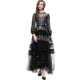 Robes de piste pour femmes col rond manches longues paillettes Tulle posé sur élégant design robe de soirée robes