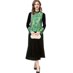Catwalkjurken voor dames O-hals, lange mouwen, patchworkmouwen, veerdetails, fluwelen vestidos met vest
