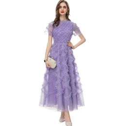 Dames Runway-jurken O-hals Korte mouwen Ruches Geruite Stippen Elegant Mesh Designer Feest Schoolfeest Vestidos