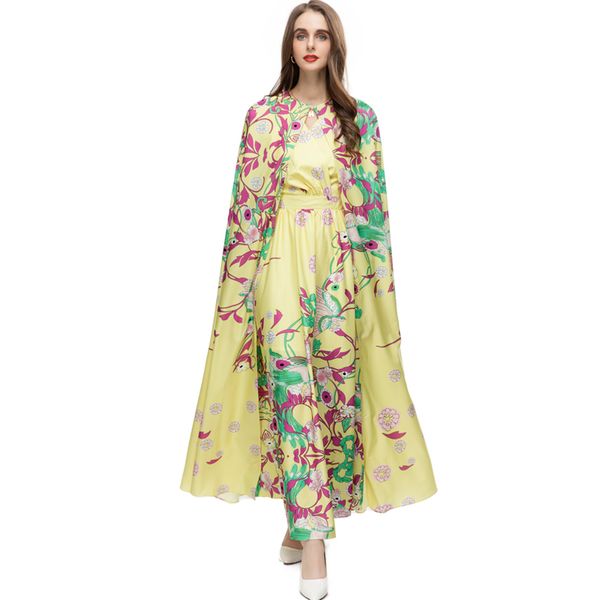 Robes de défilé pour femmes, col rond, sans manches, imprimé, élégant, avec longue Cape florale, vêtements d'extérieur
