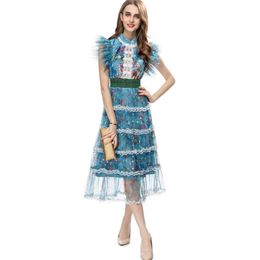 Runway-jurken voor dames O-hals gelaagde ruches kant patchwork mode high street vestidos