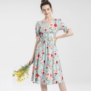 Runway-jurken voor dames, sexy biezen, v-hals, korte mouwen, kralen, bloemenprint, mode-casual jurk