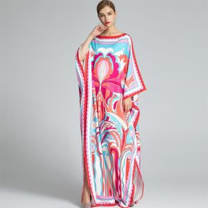 Runway-jurken voor dames Slash-halslijn Lange vleermuismouwen Gedrukt Los ontwerp Gebreide elegante causale lange jurken Robes272Q