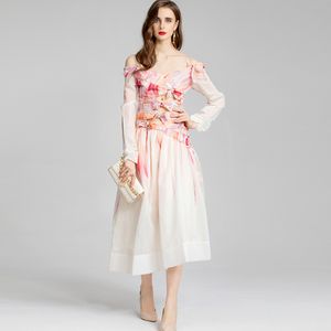 Runway-jurken voor dames, spaghettibandjes, strikdetails, uitgeholde bedrukte elegante modeontwerper-jurken