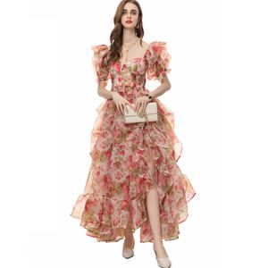 Runways jurken voor dames sweatehart halslijn korte mouwen geprinte ruches asymmetrische elegante maxi -ontwerper vestidos prom