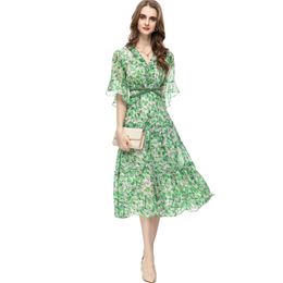 Runway-jurken voor dames V-hals Halve mouwen Gedrukt Lovertjes Kralen High Street Fashion Bloemen Mid A-lijn Vestidos