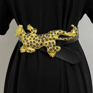 Femmes piste mode en cuir véritable tacheté léopard Cummerbunds femme robe Corsets ceinture ceintures décoration ceinture