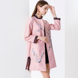 femmes piste trench coat col montant manches longues broderie dentelle passepoil élégant vintage survêtement long manteau