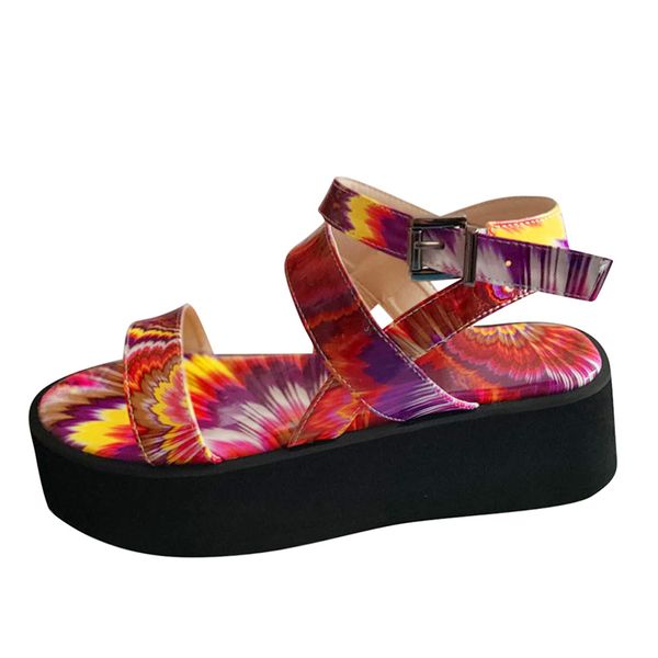 Sandales pour femmes colorée plate-forme plate chaussure d'été imprimé dames dames cheville boucle sandalias mujer chaussures femme décontractée femme