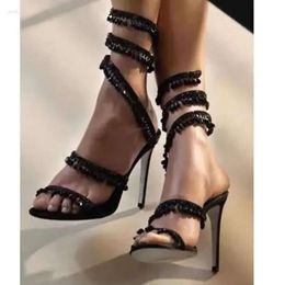 Dames Sandals Summer en European American American High Heeled Super Drop-Shaped Wrap Rhinestone Thin Shoes 6D9