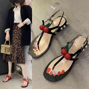 Dames Sandalen Zomer Nieuwe Parel Cherry Clip Teen Platte Sandalen Dames Enkel Buckle Band Beach Square Hak Dames Schoenen 210426