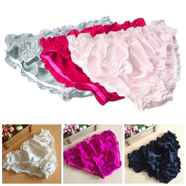 Brasas de satén para mujeres Gran tamaño de cintura alta fibra de bambú Ruffles Rim sexy ropa interior lolita breve de tamaño grande