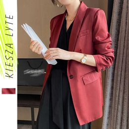 Vrouwen satijnen pak blazer lente zomer elegante rode lange mouw blazers kantoor dame jas vrouwelijke 210608