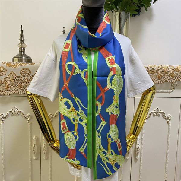 Bufanda de mujer de buena calidad, 100% material de sarga de seda, bufandas largas con estampado de color azul fino y suave para mujer, talla 215cm -21cm
