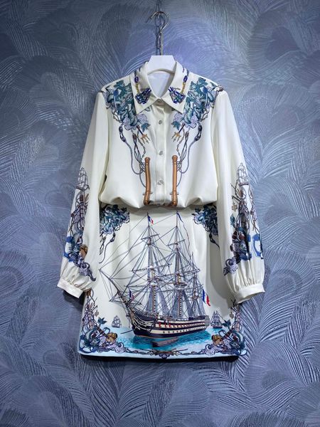 Conjunto de mujer 2023 Otoño Nueva camisa con estampado de cuello polo y conjunto de media falda Conjunto de dos piezas_ Moda XL