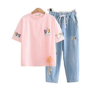 Dames sets cartoon kat print harakuju t-shirt met elastische taille borduurwerk kalf lengte denim broek zomer 2 stuk set kleding x0428