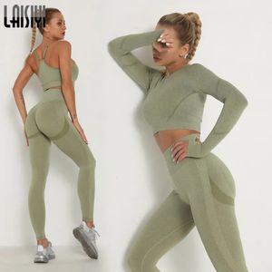 Damessets Skinny trainingspak Ademende beha Top met lange mouwen Naadloze outfits Hoge taille Push-up legging Gymkleding Sportpak 240115