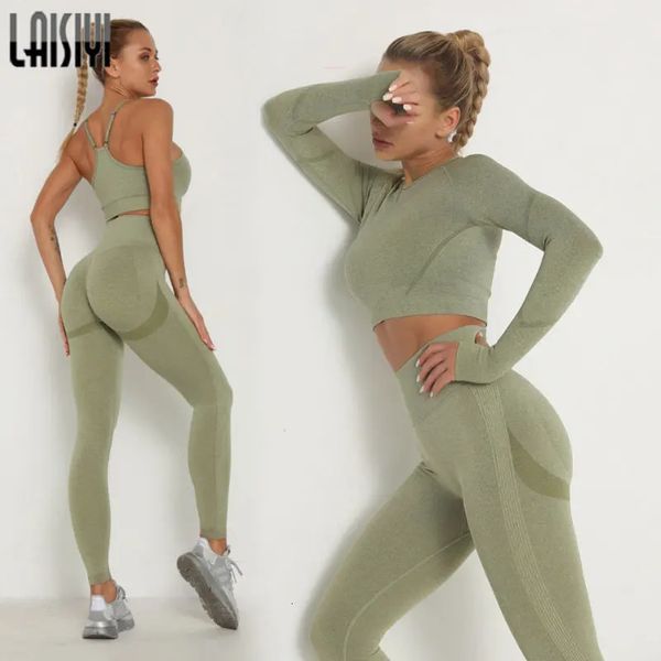 Ensembles pour femmes Survêtement maigre Soutien-gorge respirant Haut à manches longues Tenues sans couture Taille haute Push Up Leggings Vêtements de sport Costume de sport 240106