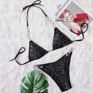 Ensemble de bikini sexy pour femmes Triangle noir Coupe Sangle Cristal Diamant String Brésilien Plage Maillots De Bain H230524