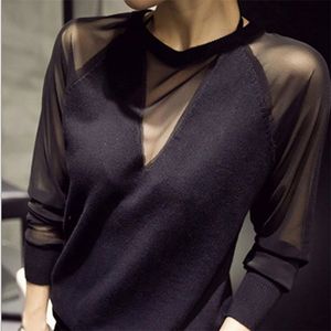 Femmes Sexy noir Perspective Net fil à manches longues Blouse mode mince dames femmes hauts t-shirts 220516