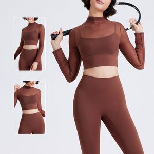 Vêtements de yoga en gaze sexy pour femmes, manches longues avec coussinet de poitrine, soutien-gorge de sport à séchage rapide, une tasse, vêtements de fitness, protection solaire, vêtements de tennis