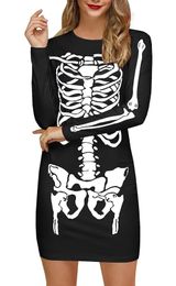 Dames sexy Halloween-skelet Grappig skelet met lange mouwen Gedrukt Maskerade Enge kostuums Midi-jurkfeest