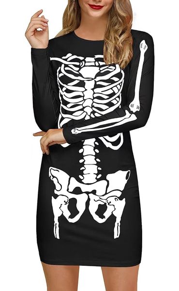 Vestido midi de fiesta sexy con esqueleto de Halloween divertido de manga larga con estampado de esqueleto para mujer