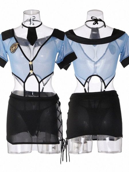 Dr. Lencería erótica de encaje sexy para mujer Cosplay Sexy Mujer policía Juego de rol Hot Hollow Out Uniform Temptati Bed Passi Set U7H6 #