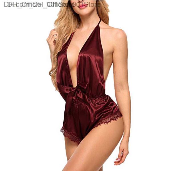 Ropa interior de satén de encaje sexy para mujer, conjunto de pijama de seda suave, vestido de noche para mujer, traje ajustado de encaje con cuello en V profundo Z230809