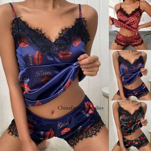 Dames sexy lingerie pamas set zomer satijn zijde kant cami vest huiskleding tops en shorts nachtkleding ondergoed