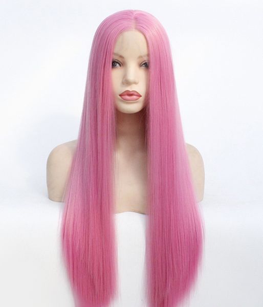 Pelucas de fiesta de cabello humano sintético hechas a mano rectas de encaje frontal rosa largo Sexy para mujer