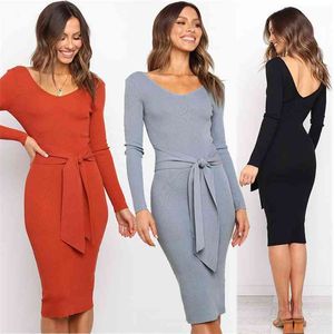 Dames Sexy Lange Mouw V-hals Knit Jurk Herfst Strakke Taille Boog Riem rond Heupen Mode Kantoor Dame Empire Backless 210522