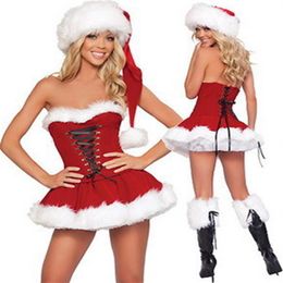 Sexy Santa Mrs Claus Costumes pour femmes adultes vacances de Noël déguisement avec chapeau ensembles Costumes de Noël Sexy essuyez la poitrine Re305M