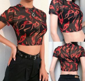 Femmes Sexy Sheer Crop Tops Flame See Through Devil Mesh Tee Blouse Imprimer Moulante À Manches Courtes O Cou Clubwear Noir