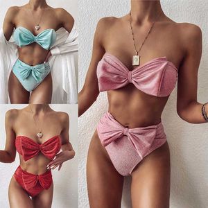Vrouwen Sexy Solid Bow Push Up 2023 Padded Low Rise Bandage Badmode Brazilië Biquini Bikini Set P230530
