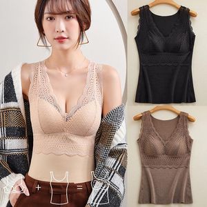 Dameshoeders 2 in 1 vrouwen winter ondergoed warm thermisch vest met gewatteerde tanktop met beha kant dik naadloos shirt zachte shapewear gordel