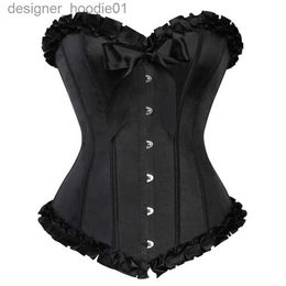 Formadores de mujeres Black Frill Ruffle Trim Corset Mujeres Burlesque Moda Overbust Corset con arcos de satén Sexy Lace Up Plástico Deshuesado Body Shaper L230914