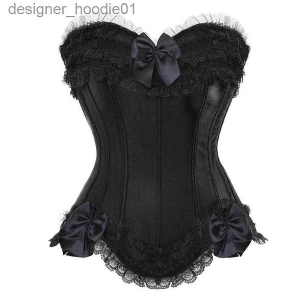 Formadores de mujeres Bustiers Corsés Mujeres Sexy Satin Overbust Corset Top Lace Bowknot Decorado Clubwear Showgirl Body Shaper Plus Tamaño S-6XL L230914