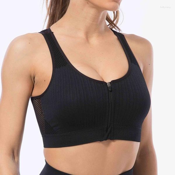 Moldeadores de mujer CALOFE Sexy Sujetador deportivo con espalda hueca Gimnasio Fitness A prueba de golpes Jogging Tops Cremallera frontal sin costuras Push Up Sujetadores de entrenamiento Ropa interior