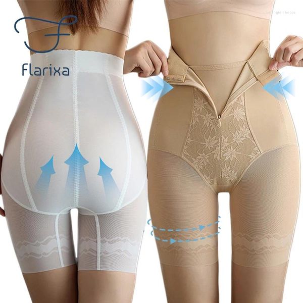 Fajas para mujer Flarixa Entrenador de cintura de encaje Body Shaper Tummy Adelgazante Alto Vientre plano Bragas Fajas Control de mujeres con cremallera