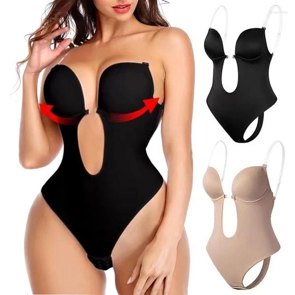 Shapers de mujer Faja de cuerpo completo Sin espalda U Plunge Tanga Body Entrenador de cintura Corsé Ropa interior de boda Acolchado Push Up Bra Underwire