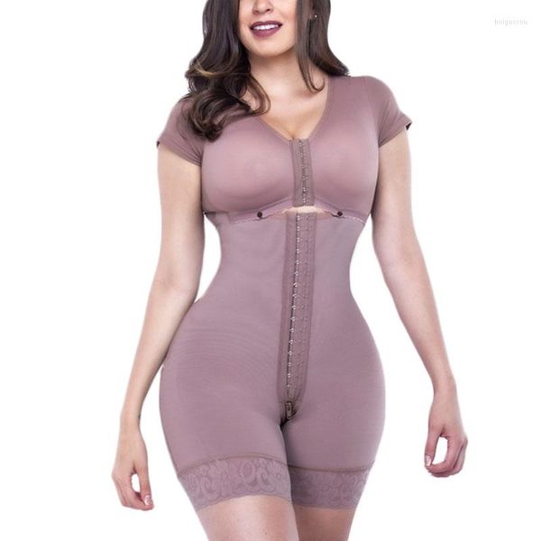 Moldeadores de Mujer Gaine Colombienne Mujer Gancho ajustable Ojo Cierre frontal Body Shaper Fajas Sudation Manga corta Mujer Fajas con sujetador