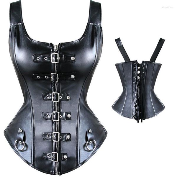 Corsés y corpiños adelgazantes para mujer, lencería Sexy de PVC, corsé moldeador de cuerpo negro, entrenador de cintura, Top Steampunk debajo del pecho