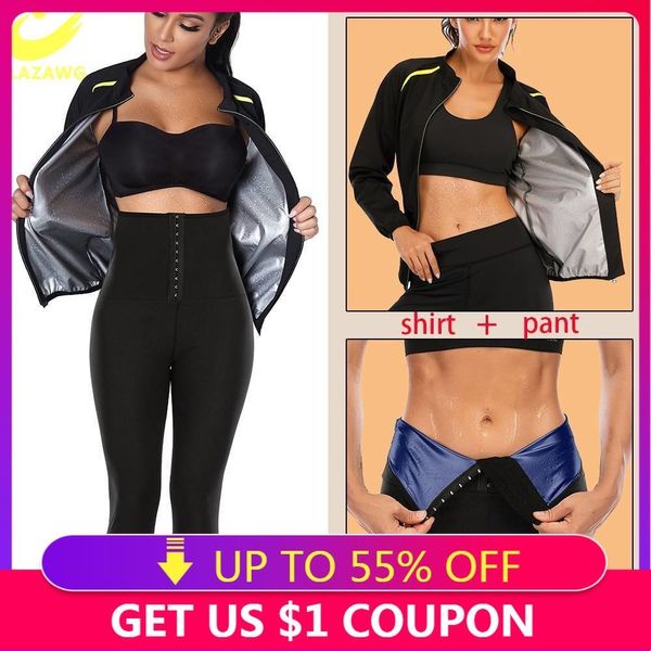 Femmes Shapers LAZAWG Sauna Suit Femmes Perte de Poids Veste Pantalon Sweat Top Body Shapers Chemise Yoga Legging Tondeuse Pantalon Taille Entraîneur Survêtements 230325