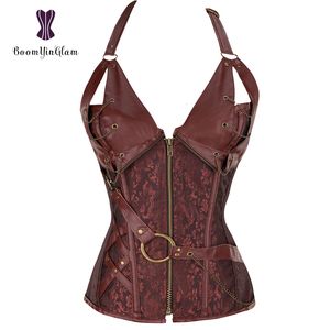 Shapers pour femmes Plus Zip Up Up Sexy Shaper Steel Steampunk Goth Goth Halter Cuir Bustier Corset S-6XL 908 # 230812