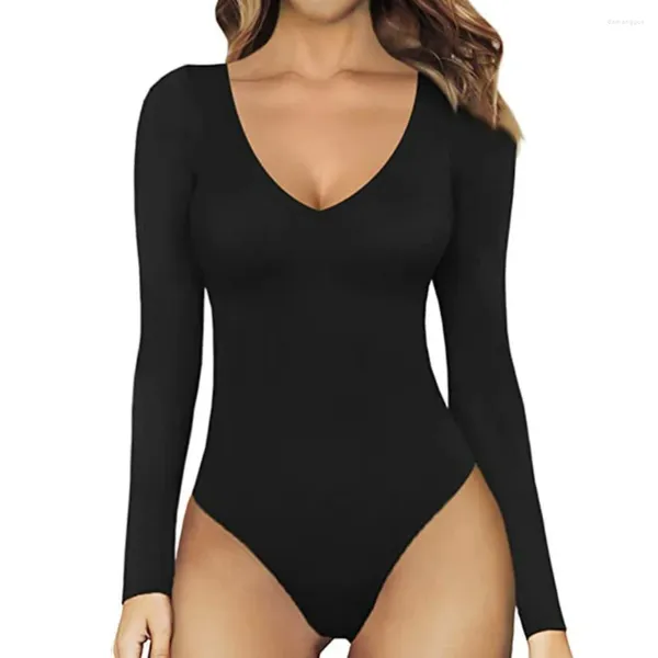 Shapers Femmes Sexy Deep V Col À Manches Longues Tops Été Femmes Slim Fit Basic Body Extensible Y2K Combinaison String Shapewear