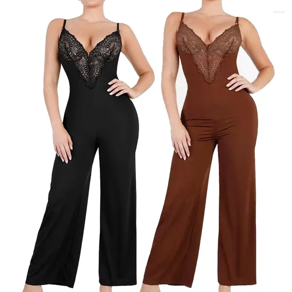 Formas de mujer Sexy Lace Shapewear Mono para mujer Sin espalda Cuello en V Flare Leggings Correas de espagueti Pierna ancha Romper Cuerpo de control de barriga