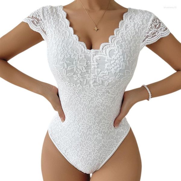 Body moldeador Sexy con cuello en V para mujer, Body moldeador de cuerpo de encaje blanco sólido, ropa de calle de manga corta para Club, mono ajustado para mujer, mono coreano